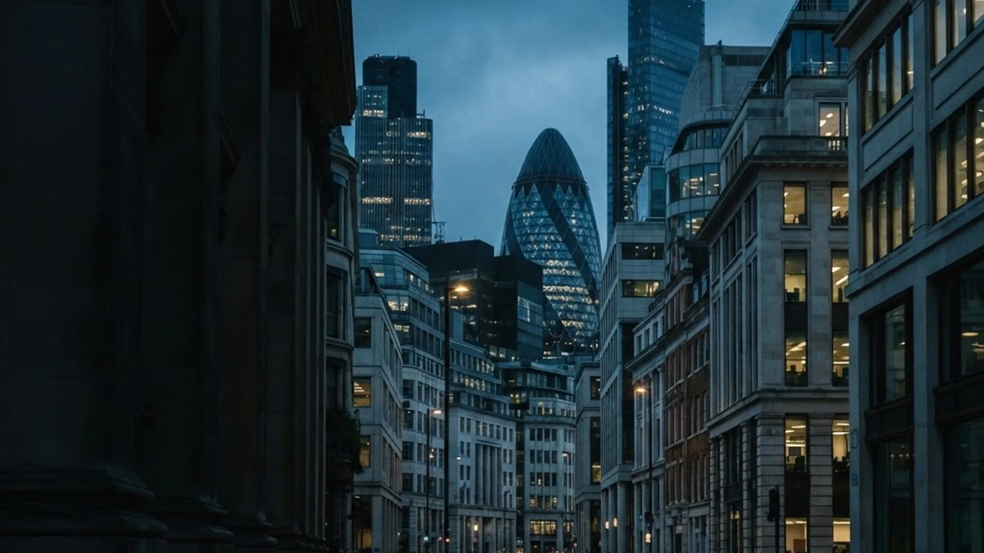 City of London financial district in subdued evening light