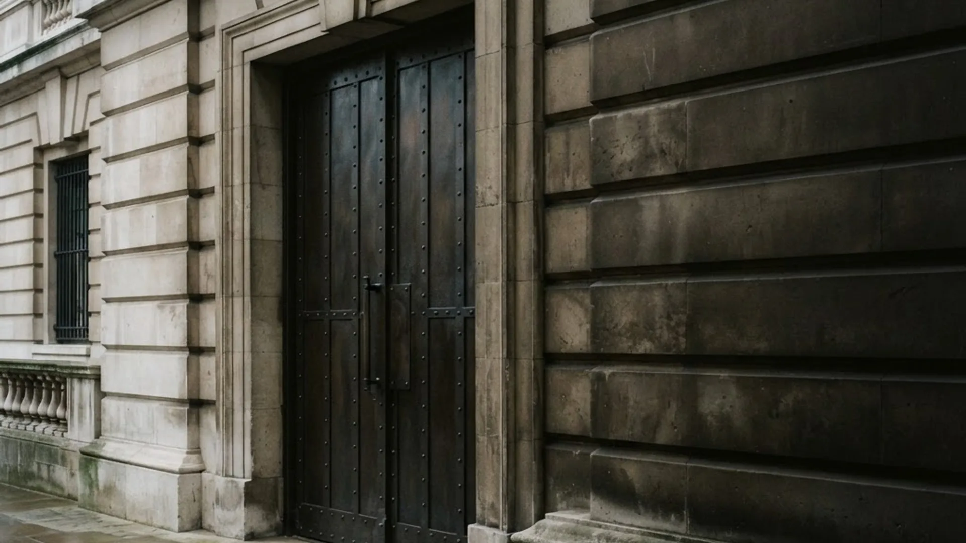 Ordered metal and stone details on a London institutional facade